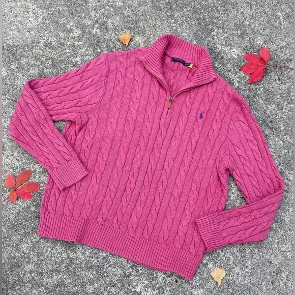 Polo Ralph Lauren icon logo cotton cable knit sweater in pink marl size XL